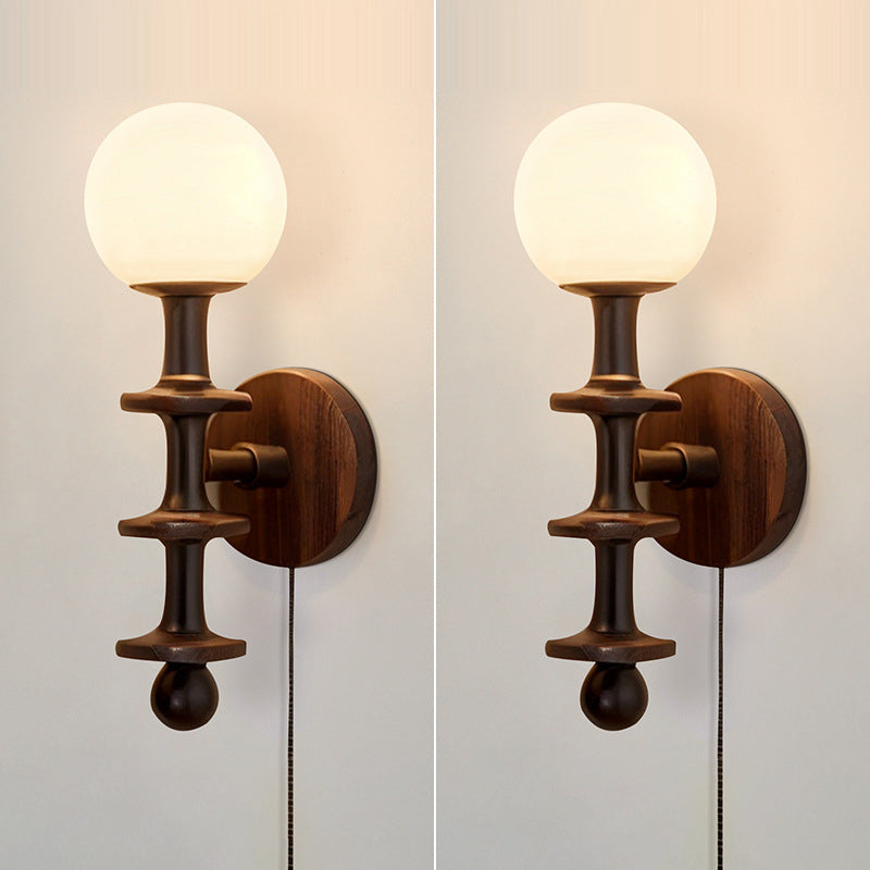 Traditional Chinese Cylinder Round Magic Bean Glass Wood 1-Light Wall Sconce Lamp For Living Room