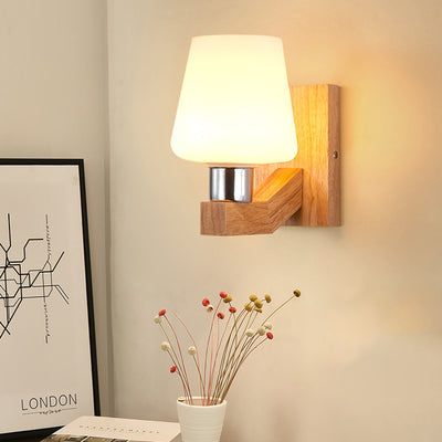 Contemporary Scandinavian Round Pod Square Glass Iron Wood 1-Light Wall Sconce Lamp For Bedroom