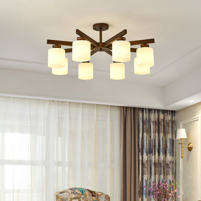 Traditional Chinese Branch Cylinder Round Glass Iron 3/6/8/10 Light Chandeliers For Living Room