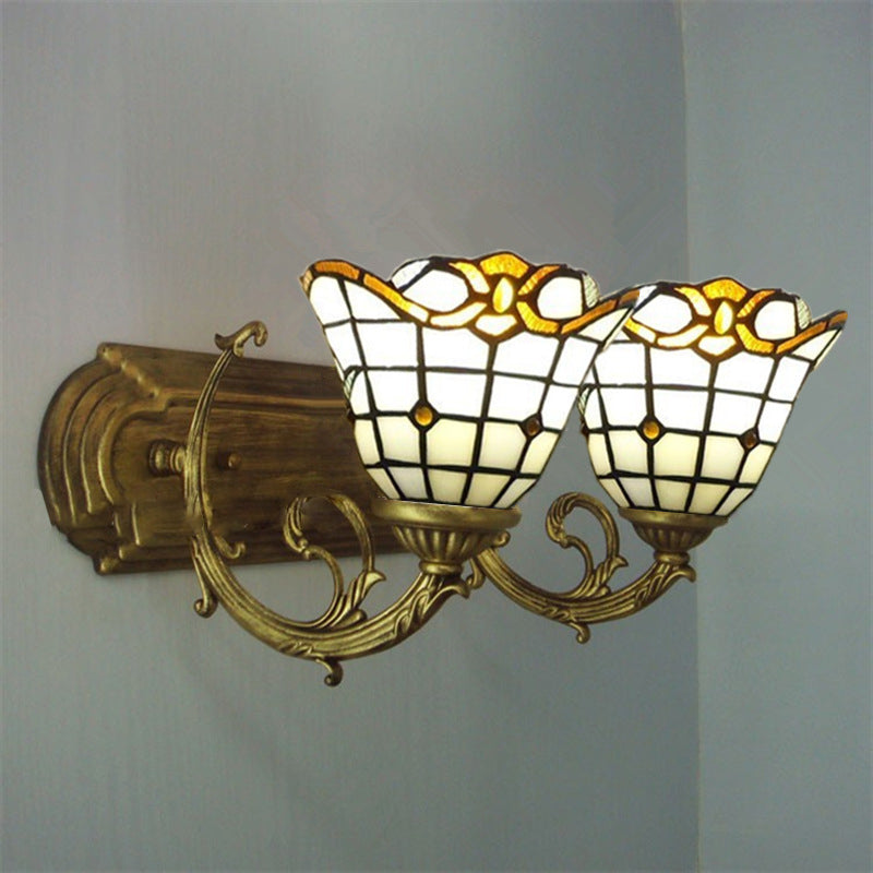 Traditional Tiffany Round Square Glass Iron 1/2/3 Light Wall Sconce Lamp For Living Room