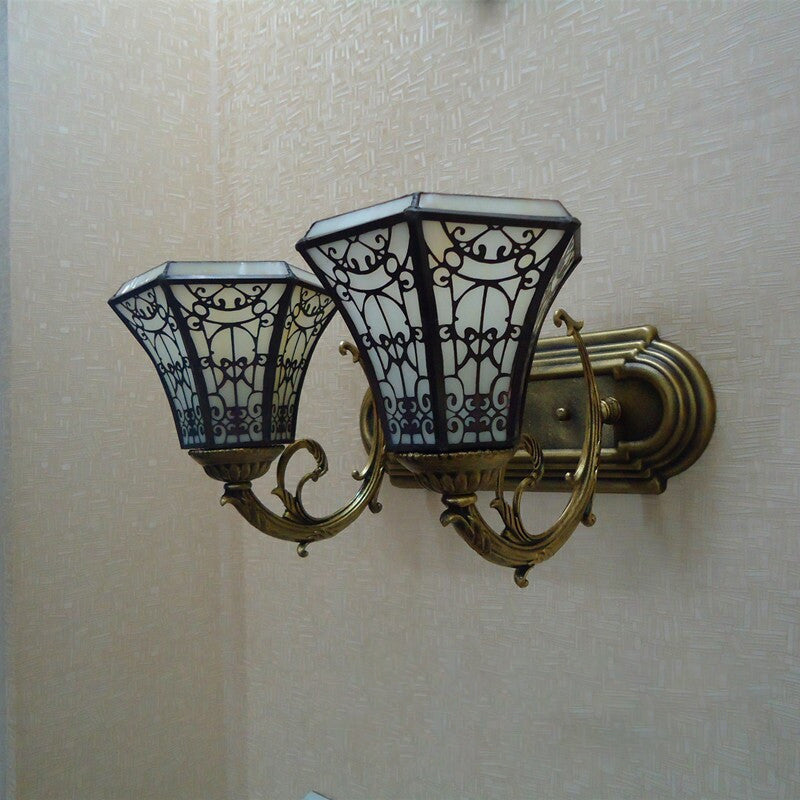 Traditional Tiffany Round Square Glass Iron 1/2/3 Light Wall Sconce Lamp For Living Room