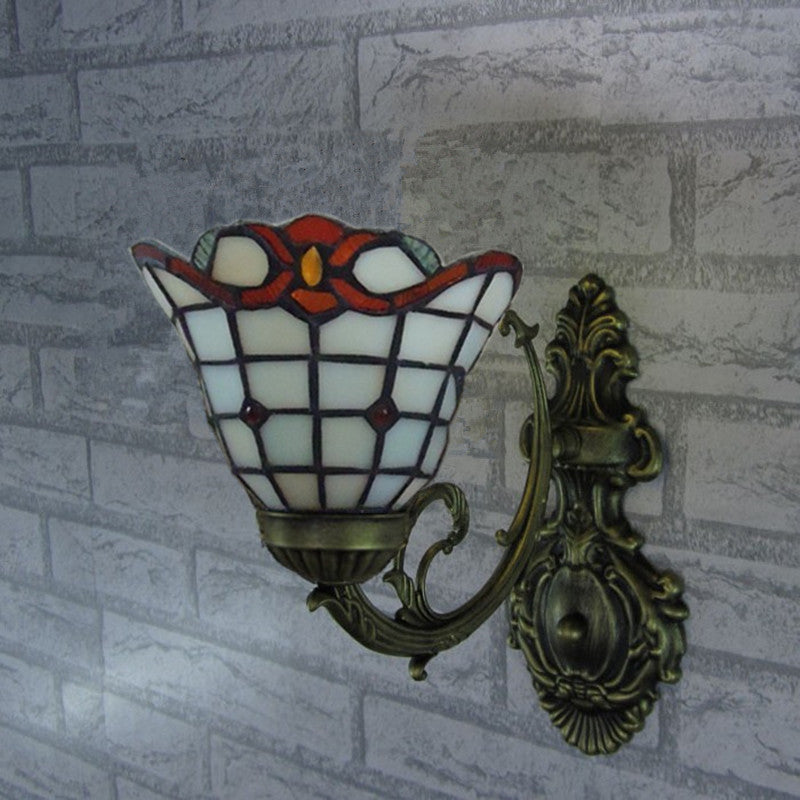 Traditional Tiffany Round Square Glass Iron 1/2/3 Light Wall Sconce Lamp For Living Room