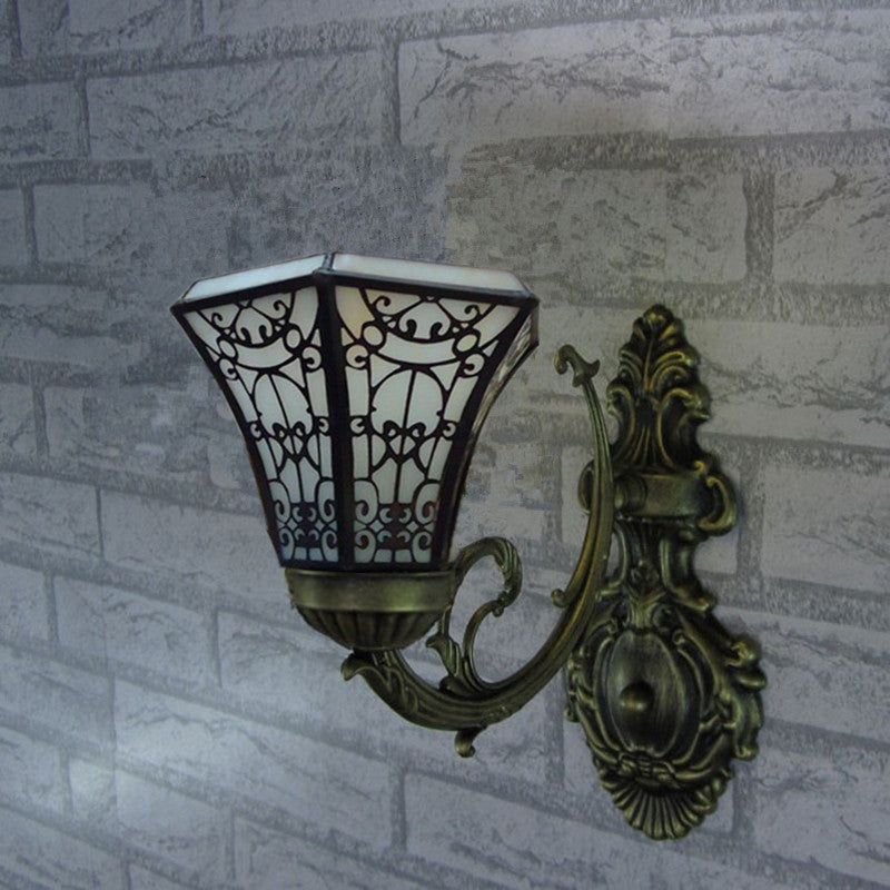 Traditional Tiffany Round Square Glass Iron 1/2/3 Light Wall Sconce Lamp For Living Room