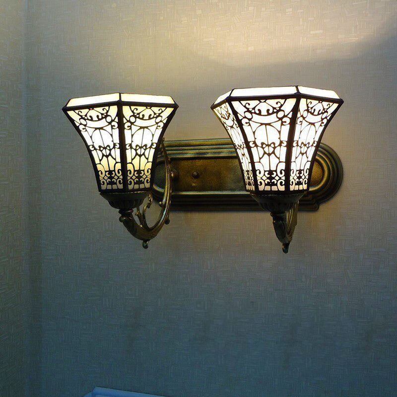 Traditional Tiffany Round Square Glass Iron 1/2/3 Light Wall Sconce Lamp For Living Room