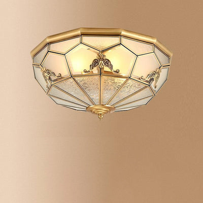 Modern Luxury Round Patterned Glass Copper 3/4 Light Flush Mount Ceiling Light For Living Room