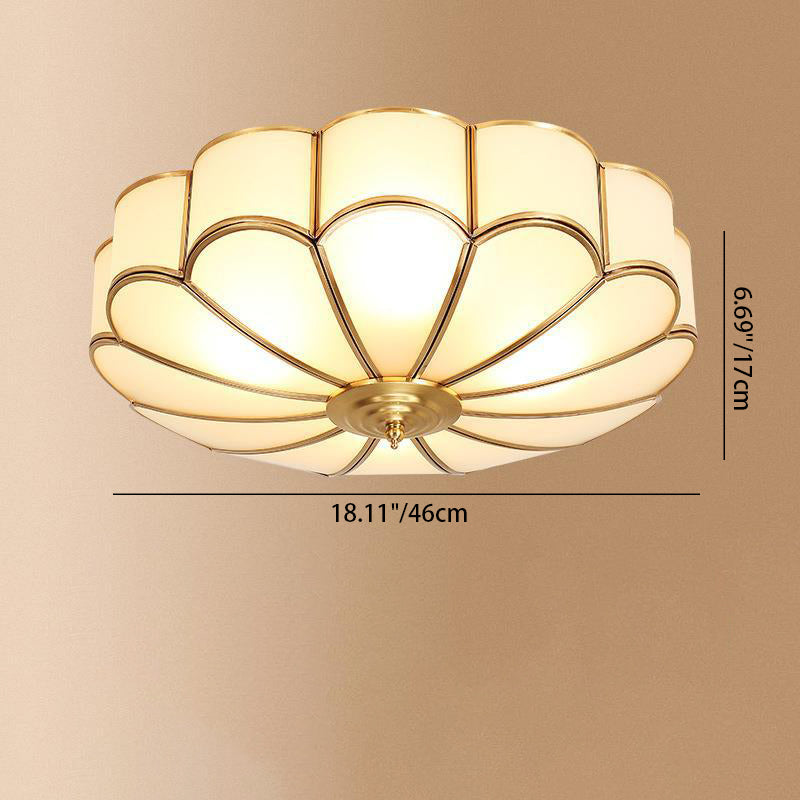 Modern Luxury Floral Round Glass Copper 3/4 Light Flush Mount Ceiling Light For Bedroom