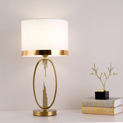 Modern Luxury Round Column Fabric Iron 1-Light Table Lamp For Living Room