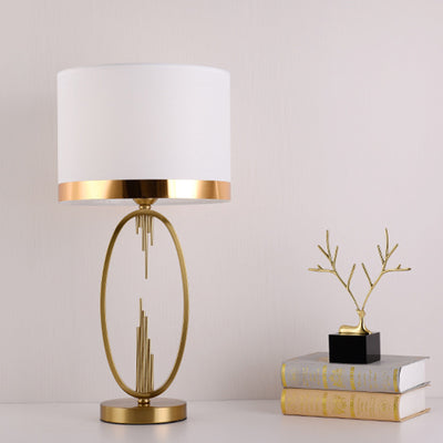 Modern Luxury Round Column Fabric Iron 1-Light Table Lamp For Living Room