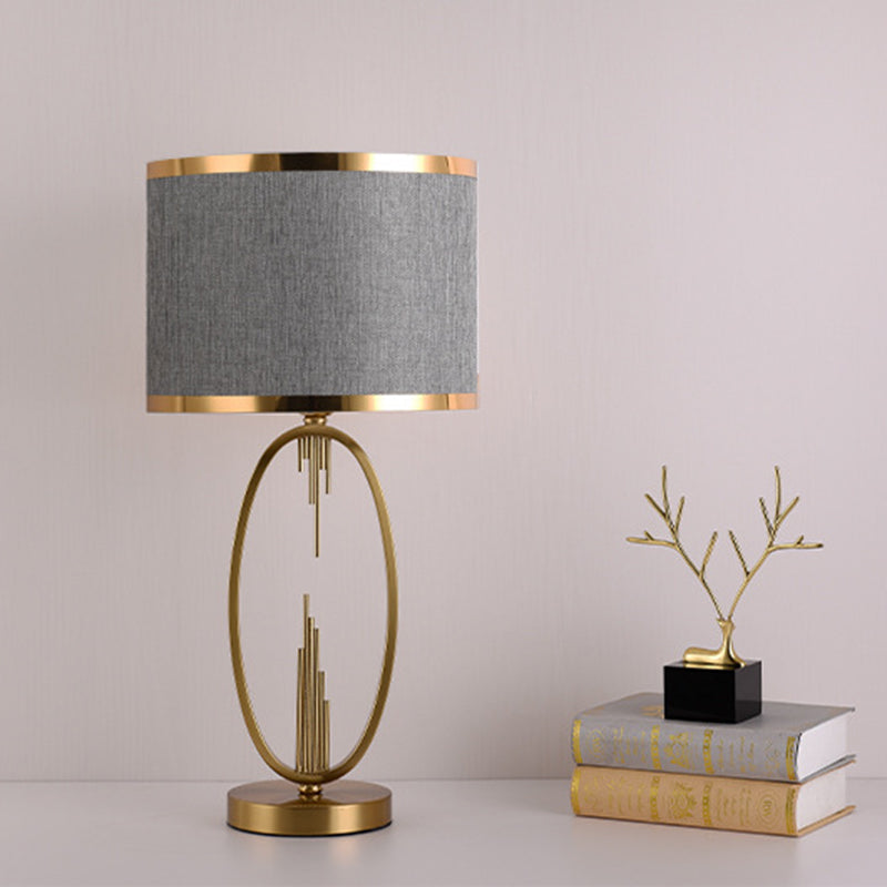 Modern Luxury Round Column Fabric Iron 1-Light Table Lamp For Living Room