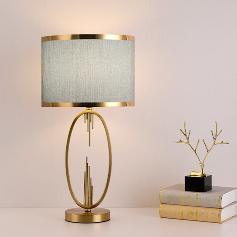 Modern Luxury Round Column Fabric Iron 1-Light Table Lamp For Living Room