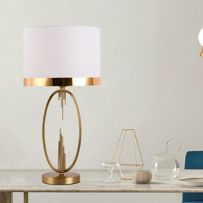 Modern Luxury Round Column Fabric Iron 1-Light Table Lamp For Living Room