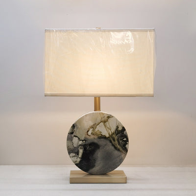 Traditional Chinese Square Round Fabric Marble Iron 1-Light Table Lamp For Living Room