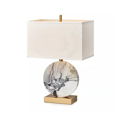 Traditional Chinese Square Round Fabric Marble Iron 1-Light Table Lamp For Living Room