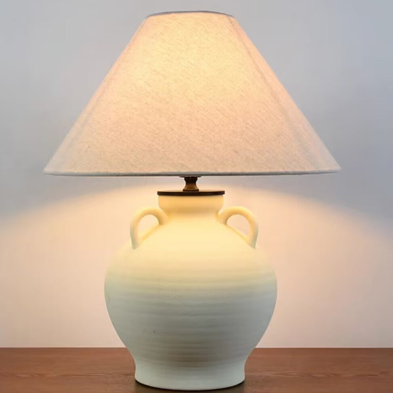 Traditional Japanese Tapered Round Fabric Ceramic 1-Light Table Lamp For Living Room