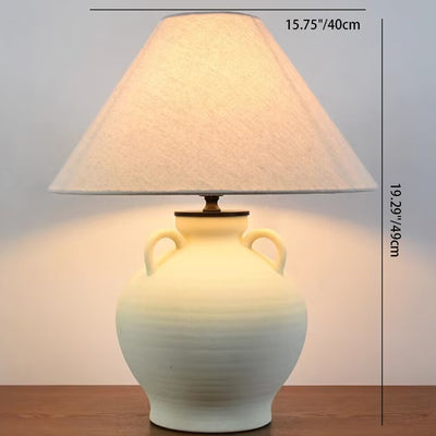 Traditional Japanese Tapered Round Fabric Ceramic 1-Light Table Lamp For Living Room