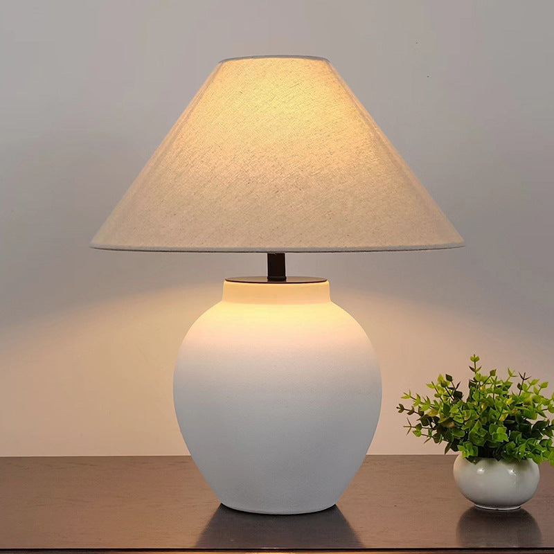 Traditional Japanese Tapered Round Fabric Ceramic 1-Light Table Lamp For Living Room