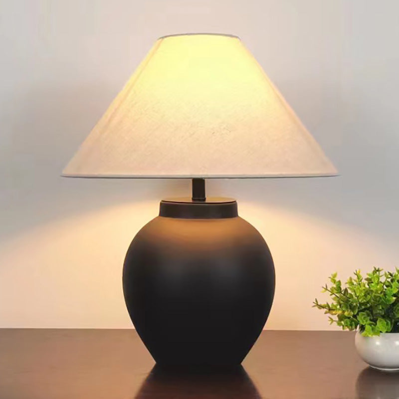 Traditional Japanese Tapered Round Fabric Ceramic 1-Light Table Lamp For Living Room