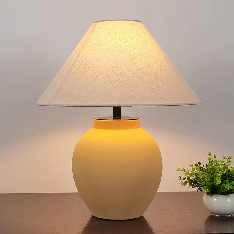 Traditional Japanese Tapered Round Fabric Ceramic 1-Light Table Lamp For Living Room