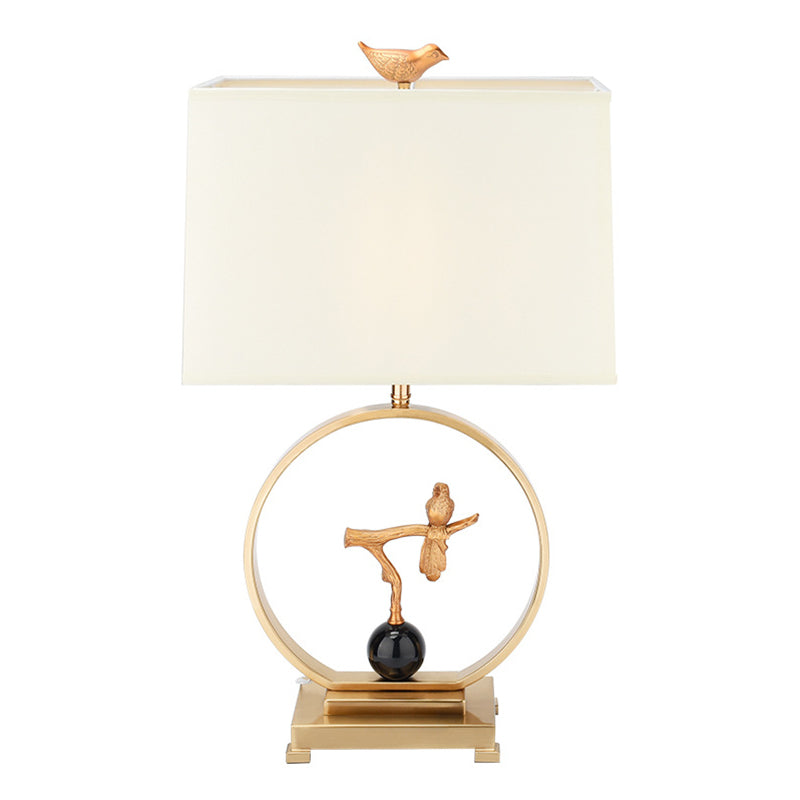 Traditional Chinese Square Bird Round Fabric Copper Metal 1-Light Table Lamp For Living Room