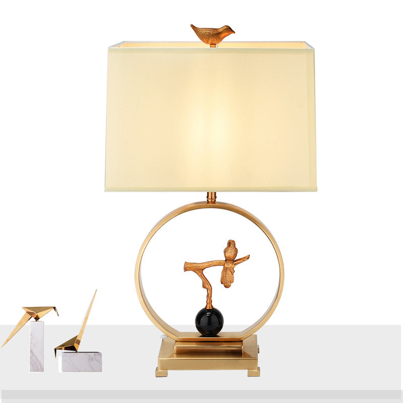 Traditional Chinese Square Bird Round Fabric Copper Metal 1-Light Table Lamp For Living Room