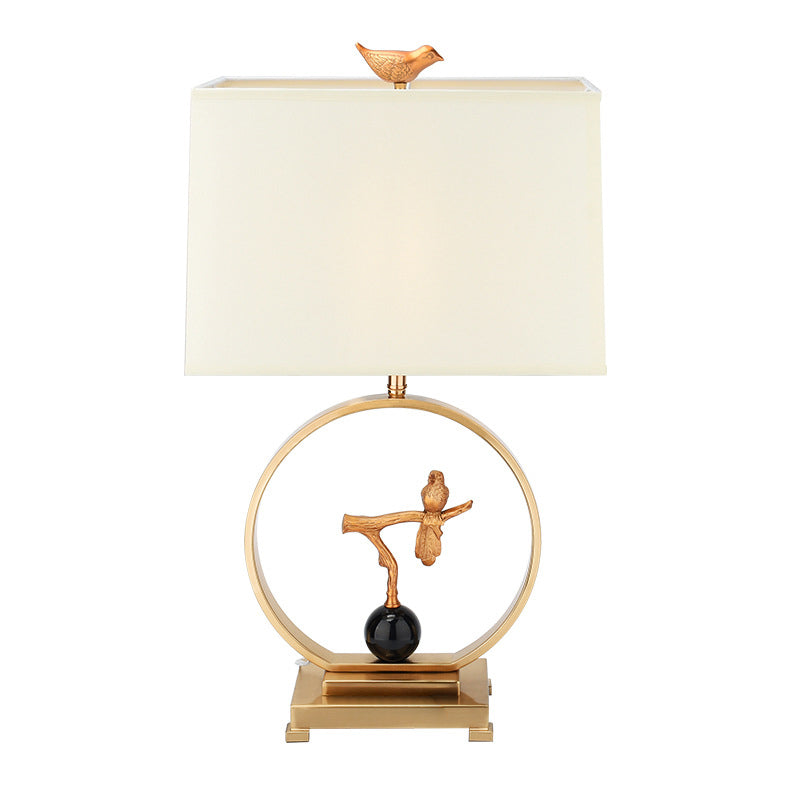 Traditional Chinese Square Bird Round Fabric Copper Metal 1-Light Table Lamp For Living Room