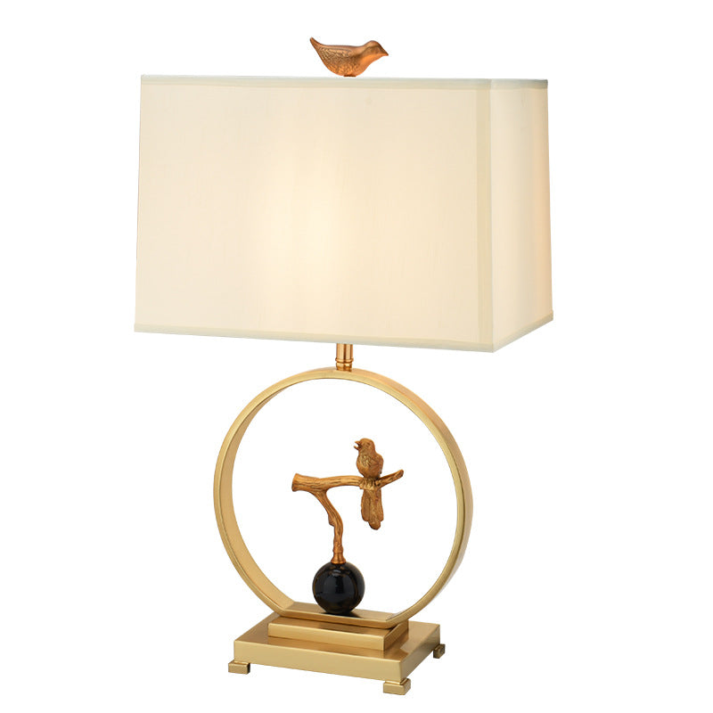 Traditional Chinese Square Bird Round Fabric Copper Metal 1-Light Table Lamp For Living Room