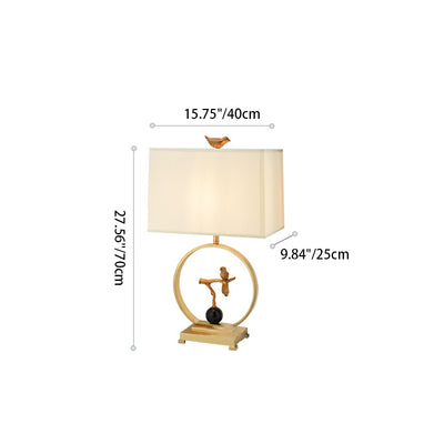 Traditional Chinese Square Bird Round Fabric Copper Metal 1-Light Table Lamp For Living Room