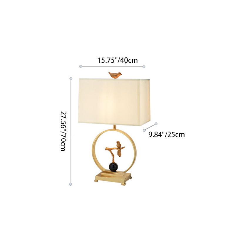 Traditional Chinese Square Bird Round Fabric Copper Metal 1-Light Table Lamp For Living Room