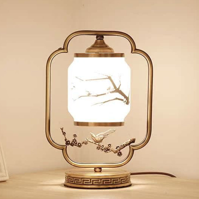 Traditional Chinese Square Round Tree Leaf Fabric Copper 1-Light Table Lamp For Bedroom