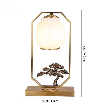 Traditional Chinese Square Round Tree Leaf Fabric Copper 1-Light Table Lamp For Bedroom