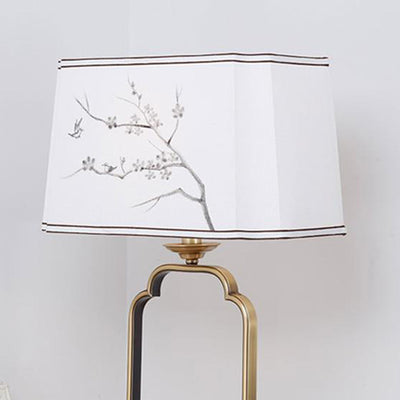 Traditional Chinese Square Round Tree Leaf Fabric Copper 1-Light Table Lamp For Bedroom