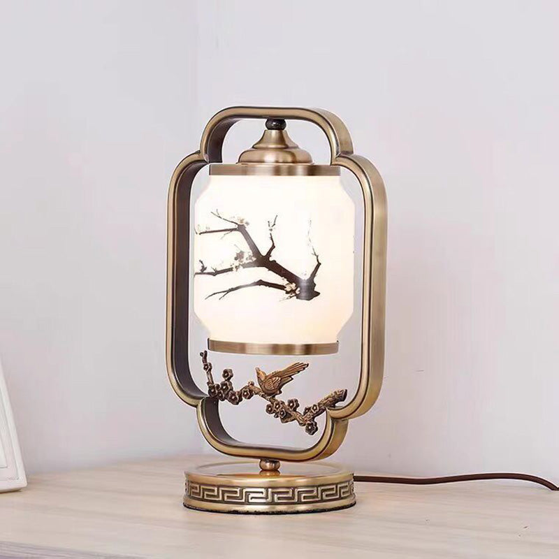 Traditional Chinese Square Round Tree Leaf Fabric Copper 1-Light Table Lamp For Bedroom