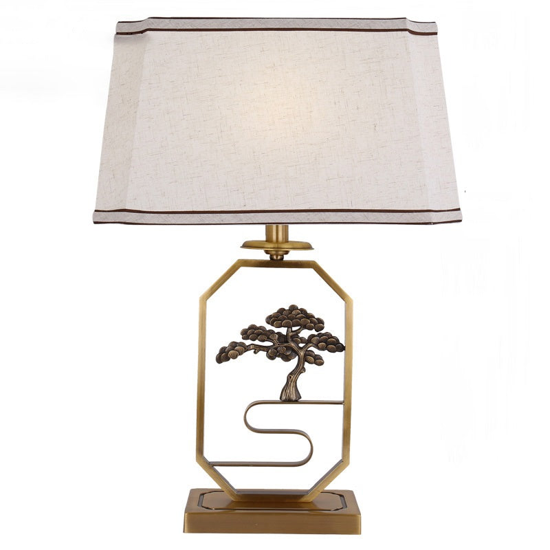 Traditional Chinese Square Round Tree Leaf Fabric Copper 1-Light Table Lamp For Bedroom