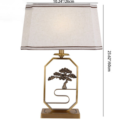 Traditional Chinese Square Round Tree Leaf Fabric Copper 1-Light Table Lamp For Bedroom