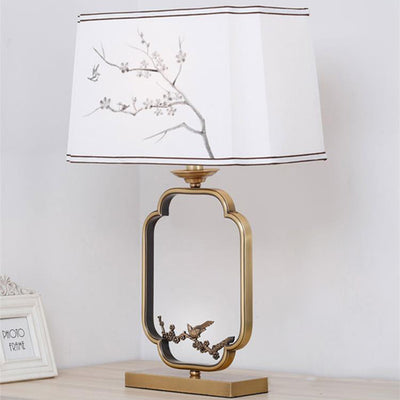 Traditional Chinese Square Round Tree Leaf Fabric Copper 1-Light Table Lamp For Bedroom