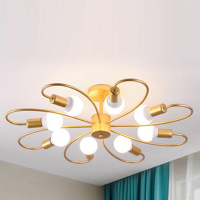 Contemporary Nordic Branch Bend Round Glass Iron 3/6/8 Light Semi-Flush Mount Ceiling Light For Bedroom