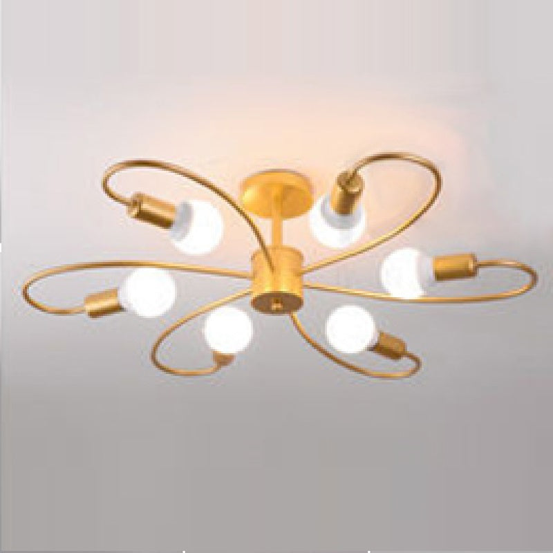 Contemporary Nordic Branch Bend Round Glass Iron 3/6/8 Light Semi-Flush Mount Ceiling Light For Bedroom