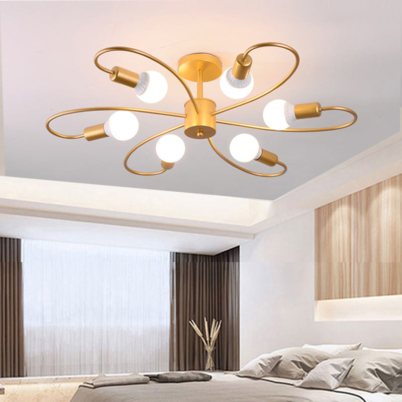 Contemporary Nordic Branch Bend Round Glass Iron 3/6/8 Light Semi-Flush Mount Ceiling Light For Bedroom