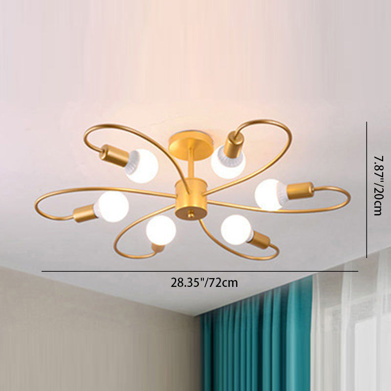 Contemporary Nordic Branch Bend Round Glass Iron 3/6/8 Light Semi-Flush Mount Ceiling Light For Bedroom