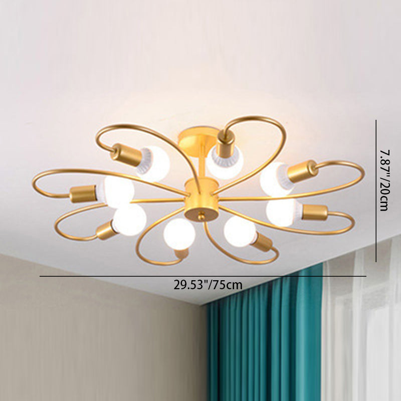 Contemporary Nordic Branch Bend Round Glass Iron 3/6/8 Light Semi-Flush Mount Ceiling Light For Bedroom