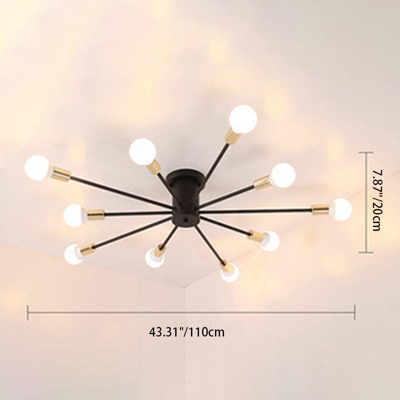 Contemporary Scandinavian Branch Linear Cylinder Glass Iron 6/8/10 Light Semi-Flush Mount Ceiling Light For Bedroom