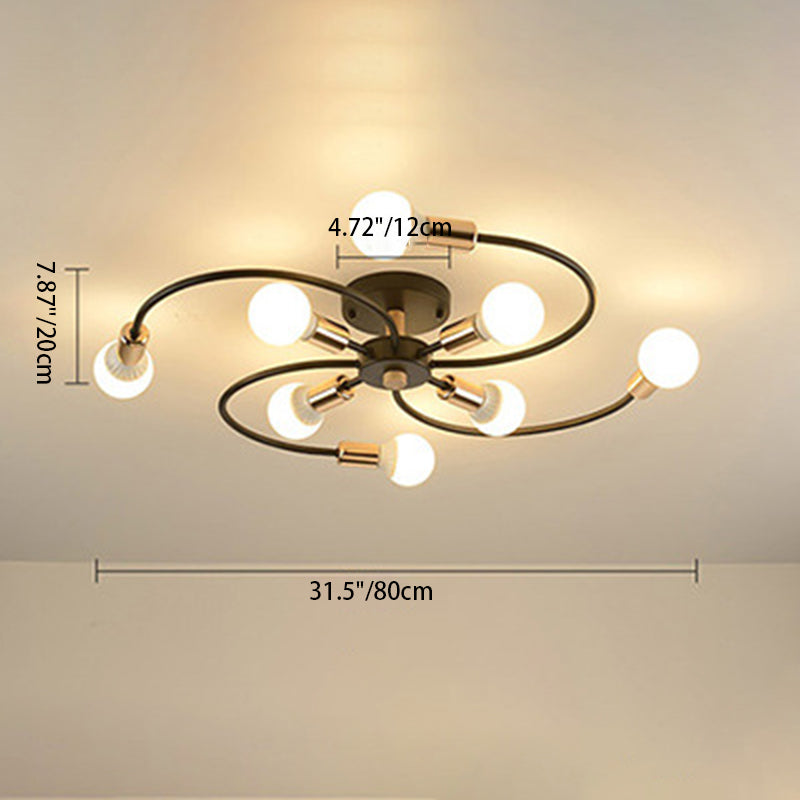 Contemporary Scandinavian Branch Bend Round Iron 6/8 Light Semi-Flush Mount Ceiling Light For Bedroom