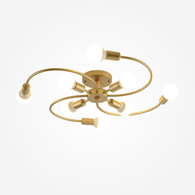 Contemporary Scandinavian Branch Bend Round Iron 6/8 Light Semi-Flush Mount Ceiling Light For Bedroom