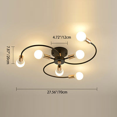 Contemporary Scandinavian Branch Bend Round Iron 6/8 Light Semi-Flush Mount Ceiling Light For Bedroom