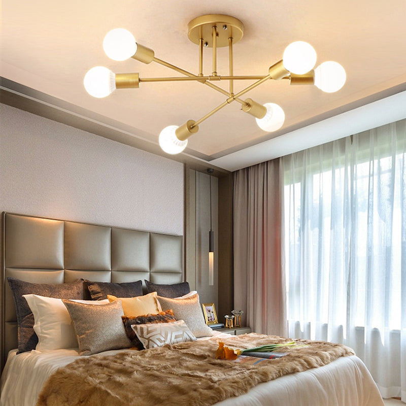 Contemporary Scandinavian Magic Bean Straight Cross Iron 6-Light Semi-Flush Mount Ceiling Light For Bedroom