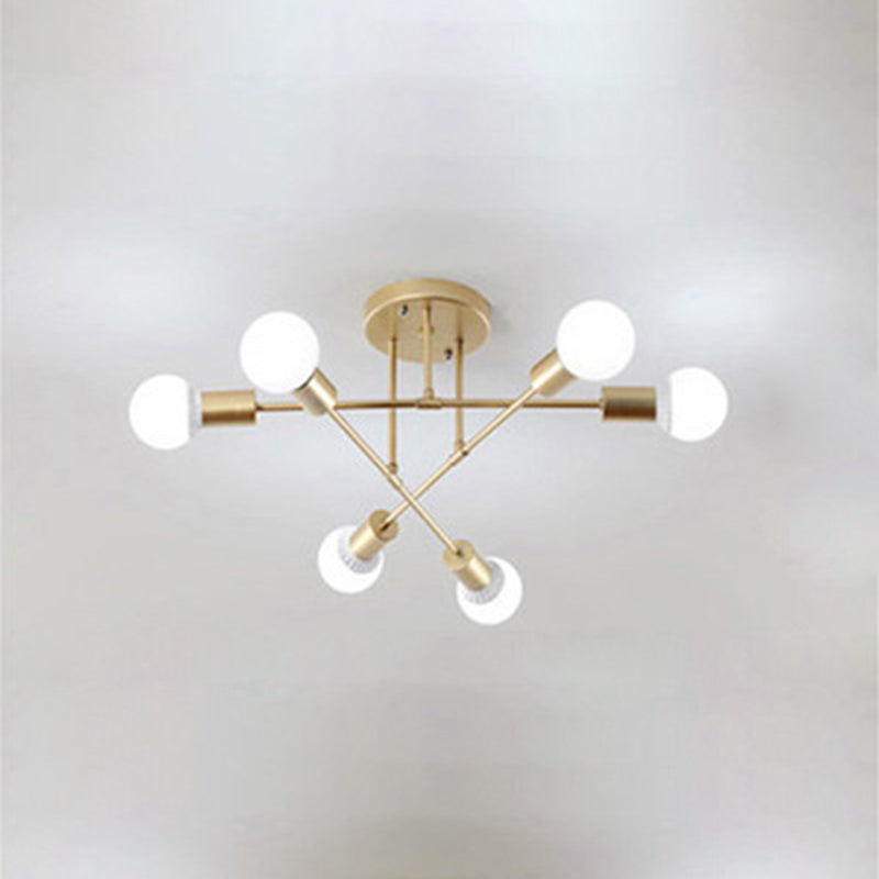 Contemporary Scandinavian Magic Bean Straight Cross Iron 6-Light Semi-Flush Mount Ceiling Light For Bedroom