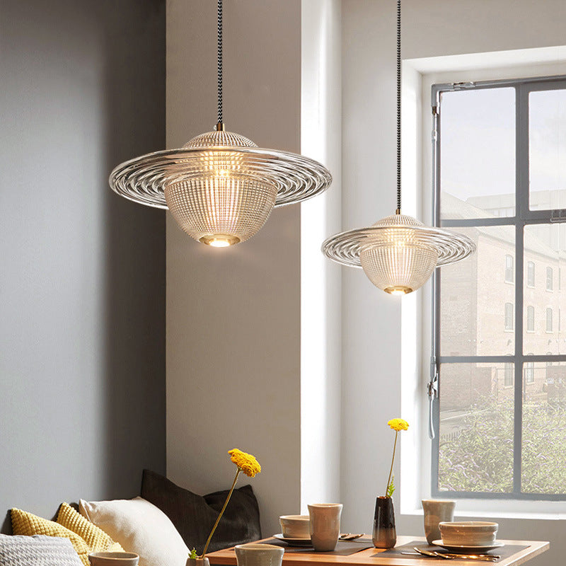 Contemporary Creative Planet Round Glass Iron LED Pendant Light For Bedroom