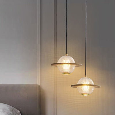 Contemporary Creative Planet Round Glass Iron LED Pendant Light For Bedroom