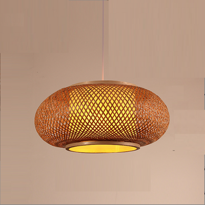 Traditional Chinese Flat Lantern Round Bamboo 1-Light Pendant Light For Living Room