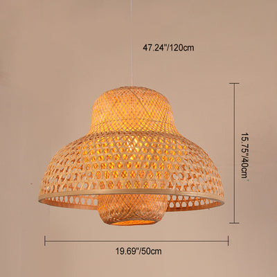 Traditional Chinese Octopus Pot Lid Round Bamboo 1-Light Pendant Light For Living Room